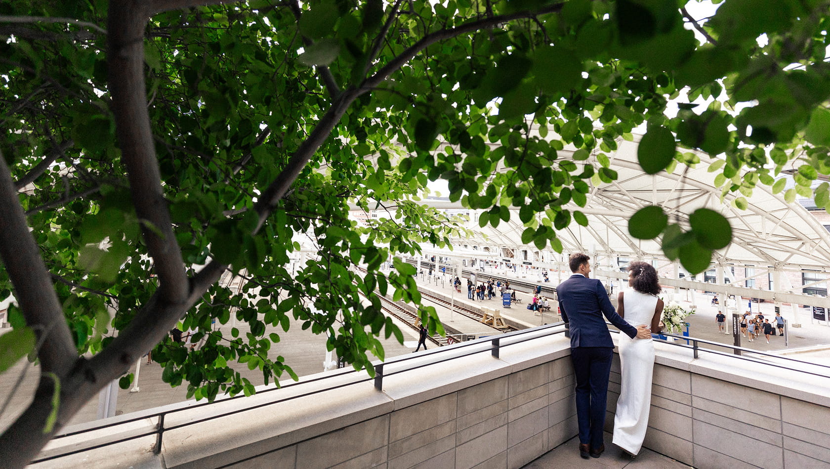 wedding couple under tree overlooking union station on terrace