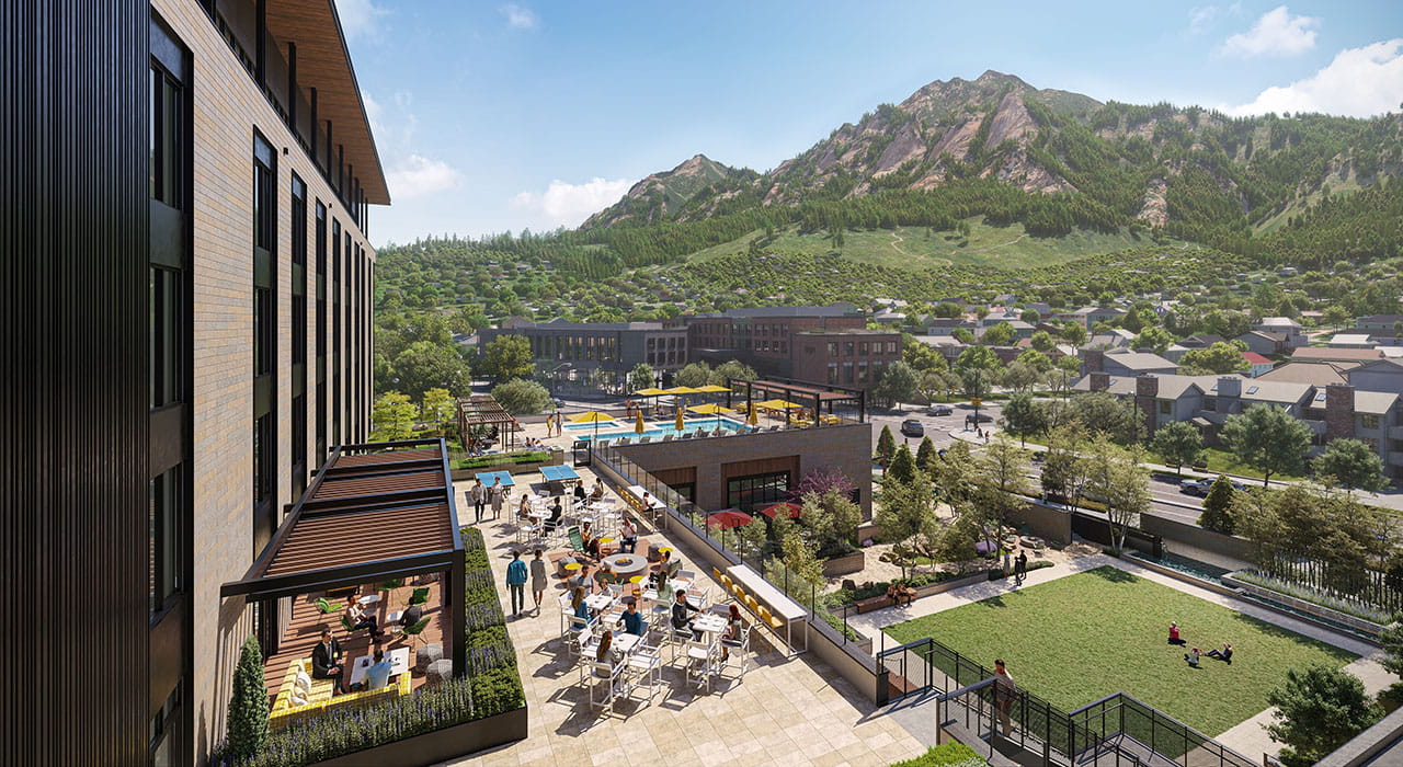 Exterior view of outdoor meeting space and flatirons