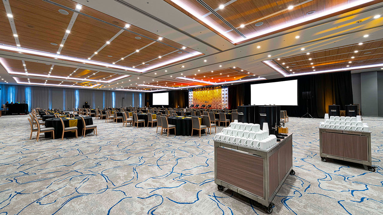 large ballroom set up for event