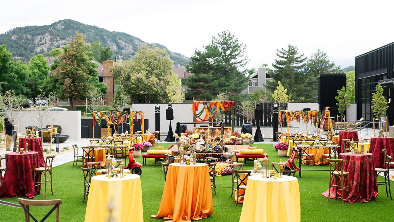 outdoor lawn area set up for wedding reception