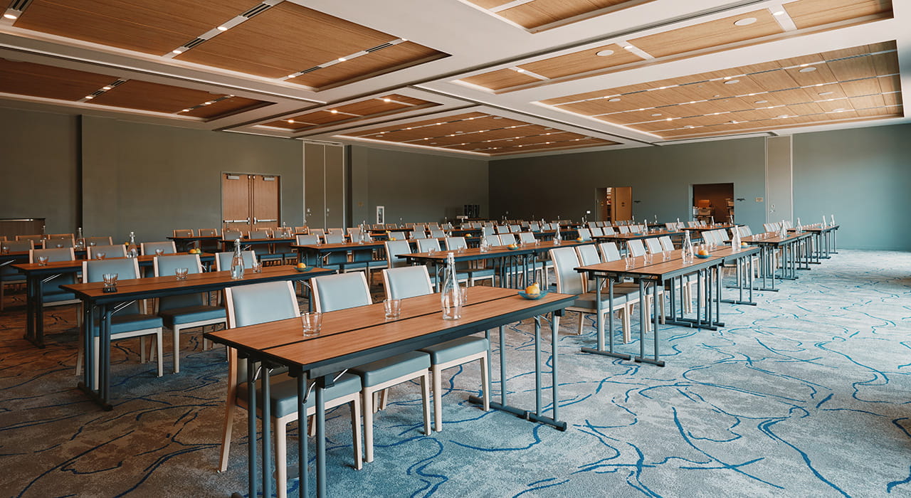 ballroom event space set up for large meeting