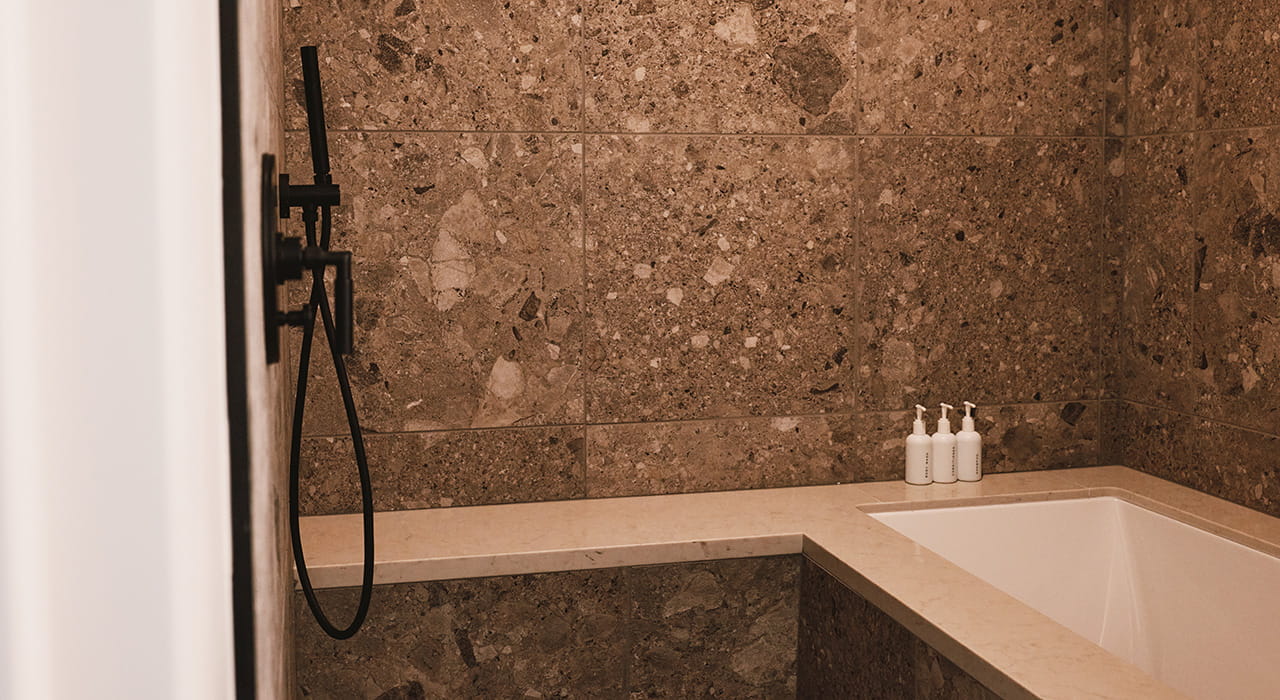 rain shower and soaking tub in bathroom