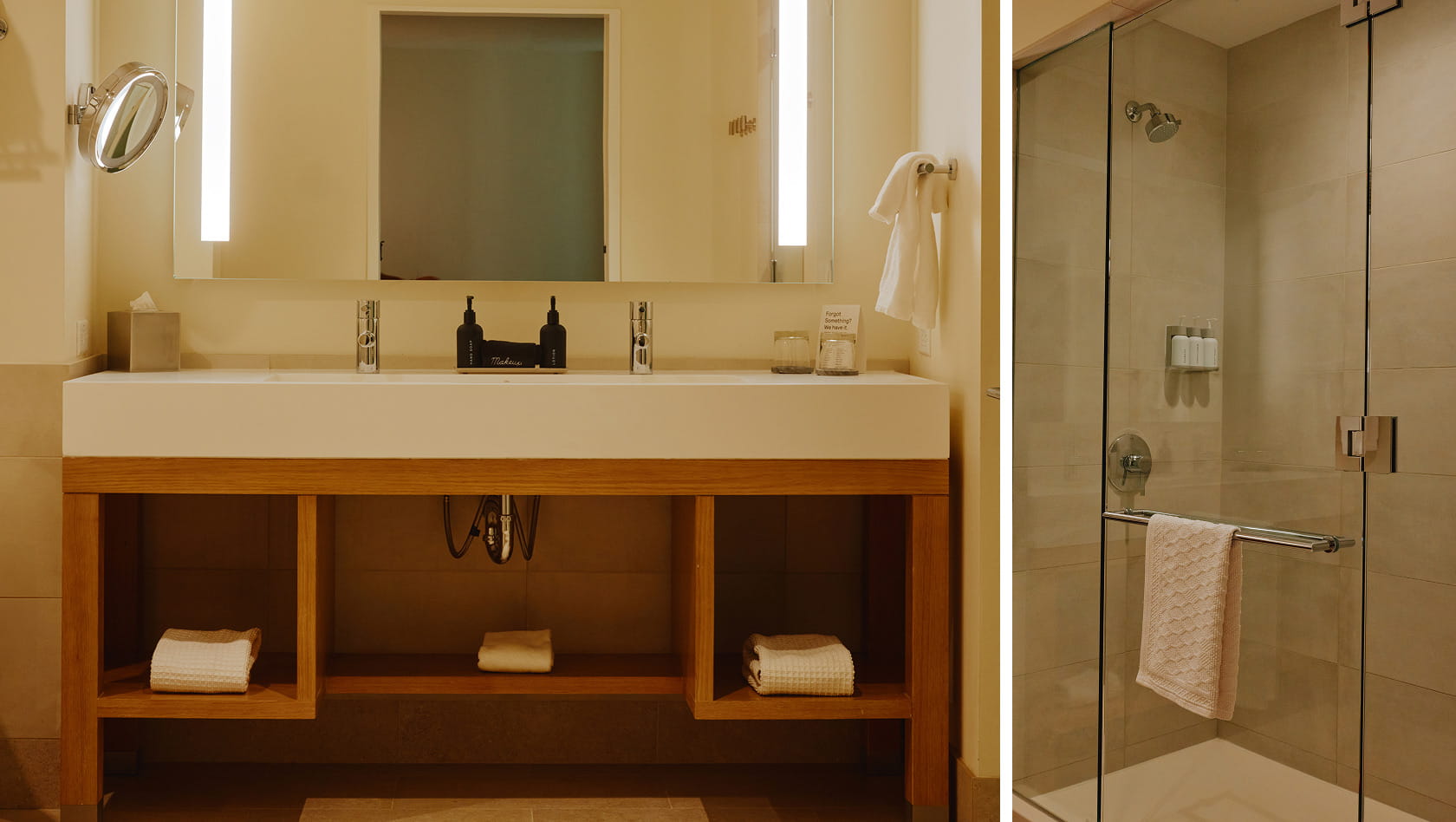 bathroom vanity and shower in guest room