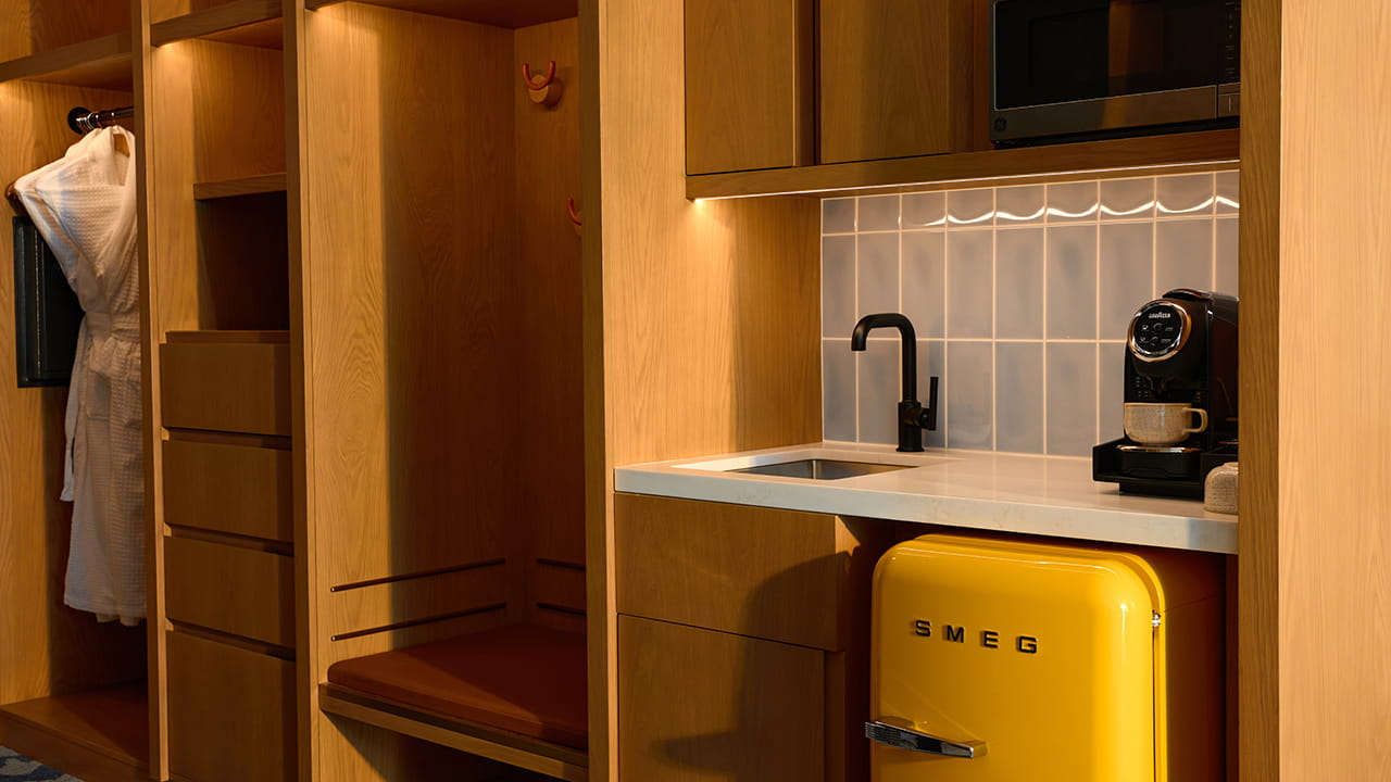 gear cubbies and kitchenette in guest room