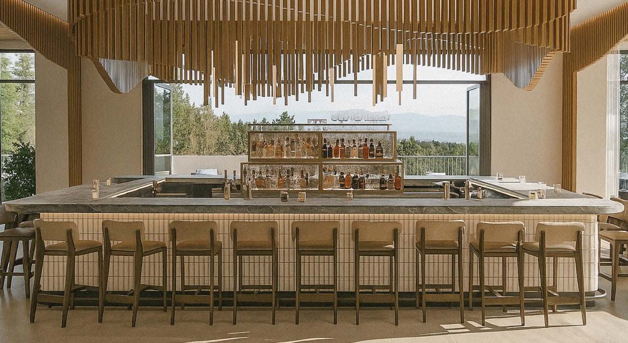 bar at the lounge overlooking the mountains