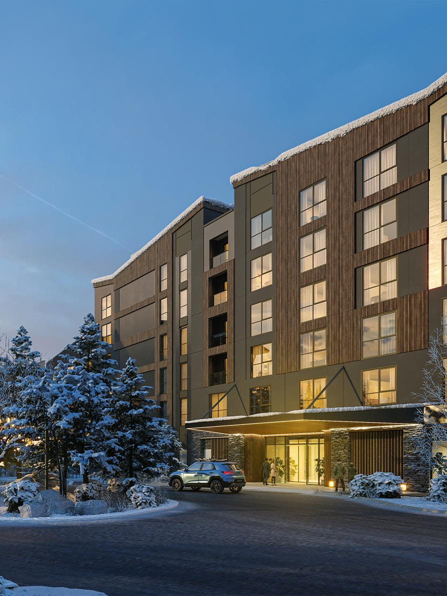 A curated vision of Limelight Mammoth: a modern multi-story hotel with lit windows against a snowy dusk. A parked car and people entering are visible.