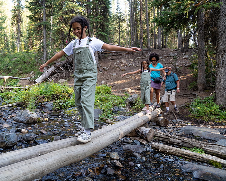 family crossing river on hike in woods