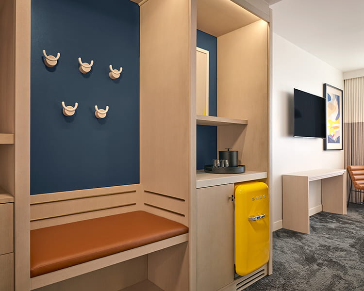 mini bar and storage area of guest room