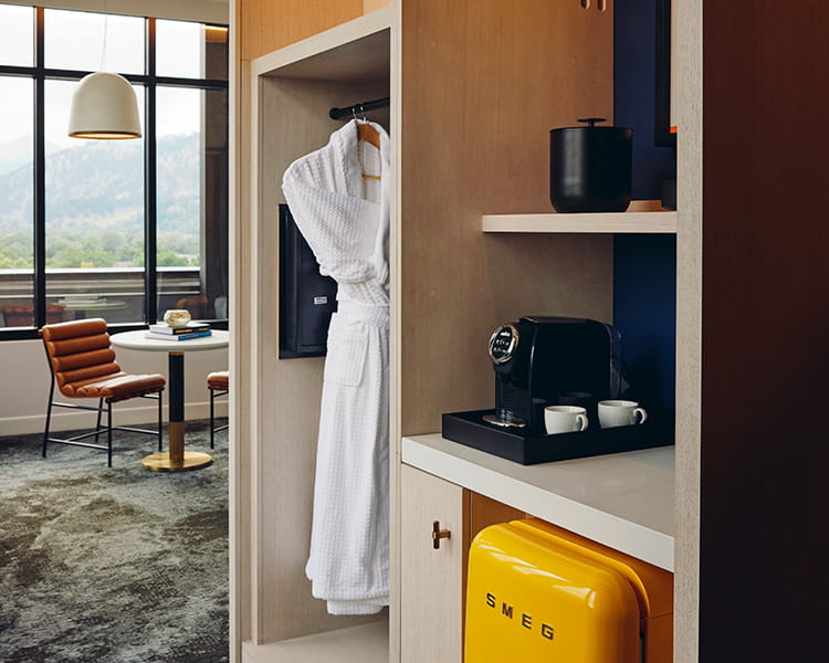 kitchenette and cubby storage in guest room
