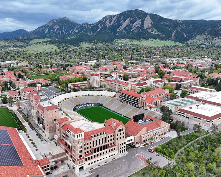 aerial view of CU campus and flatirons