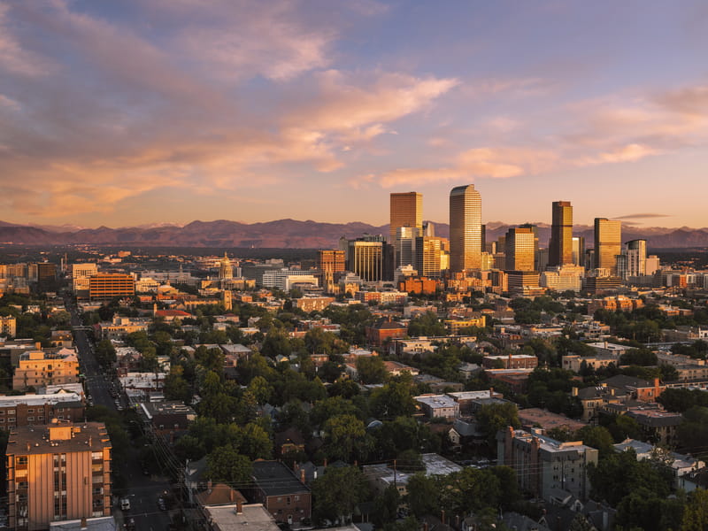 Aeriel view of Denver skyline at sunset