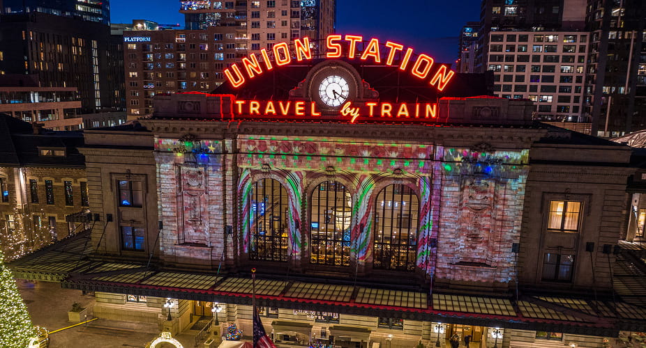 exterior of union station at night during holidays