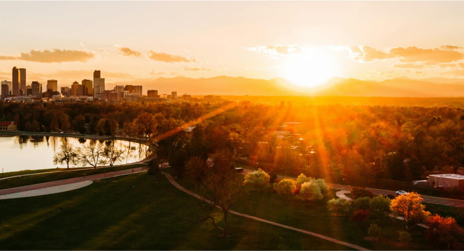 aerial view of denver at sunset in fall