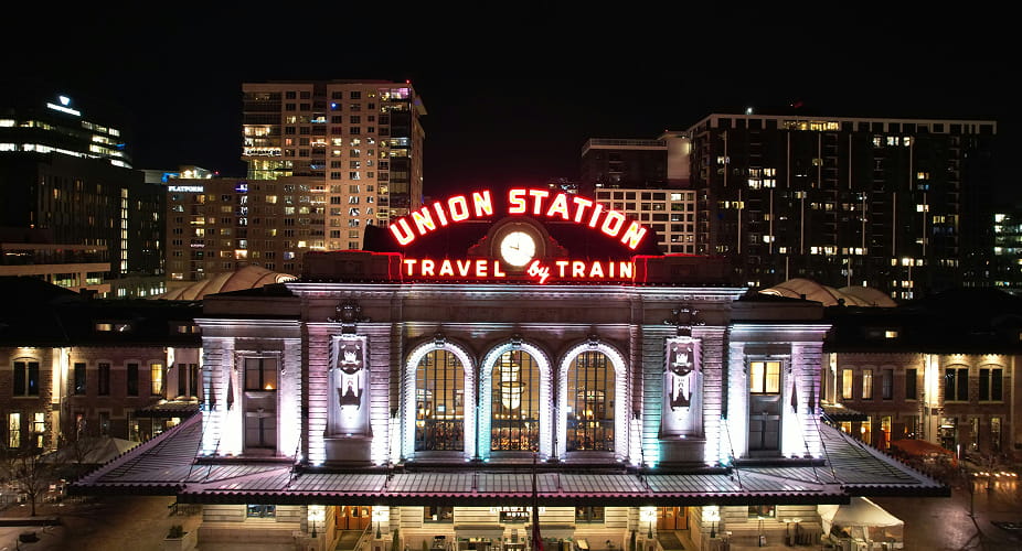 union station exterior at night
