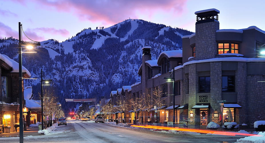 downtown ketchum at night in winter
