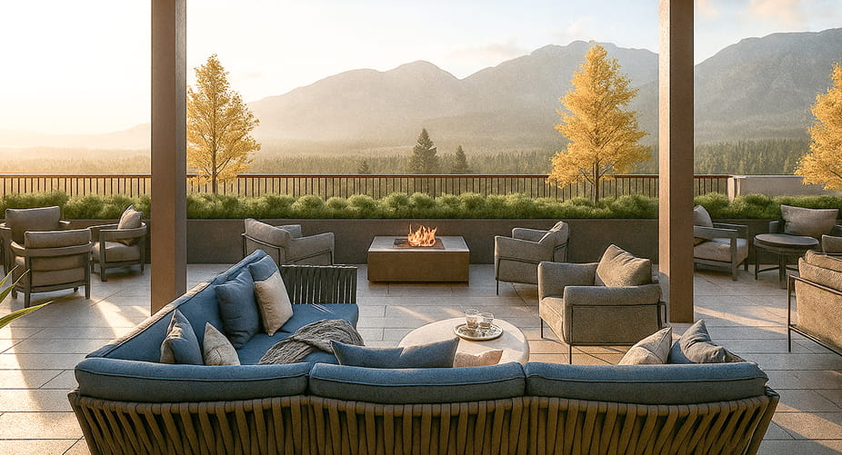 outdoor terrace with seating overlooking mountains