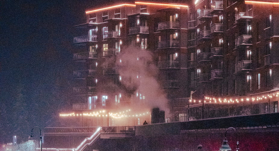 exterior of limelight mammoth during a snow storm