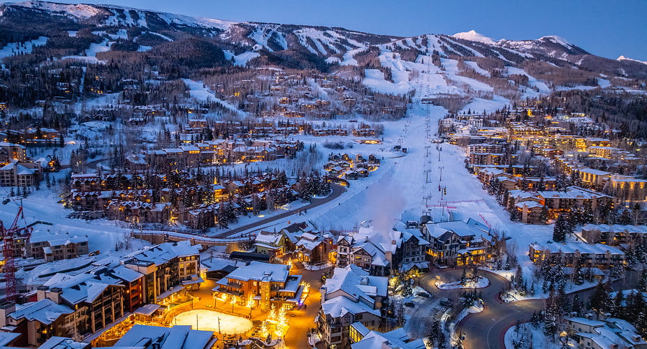 snowmass village in the evening during winter
