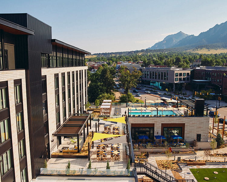 exterior of limelight boulder overlooking flatirons
