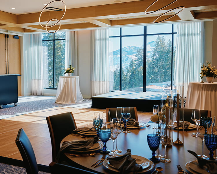 ballroom venue set up for wedding overlooking the sierras