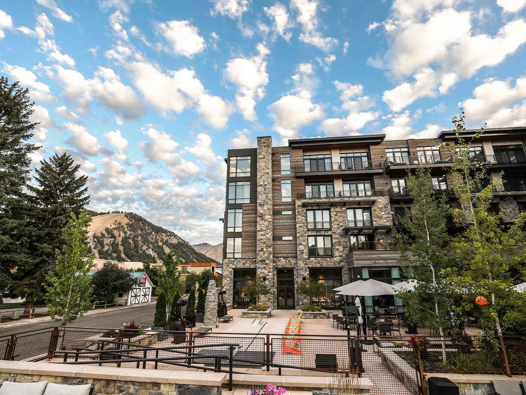 The patio in the summertime at Limelight Hotel in Ketchum, Idaho.