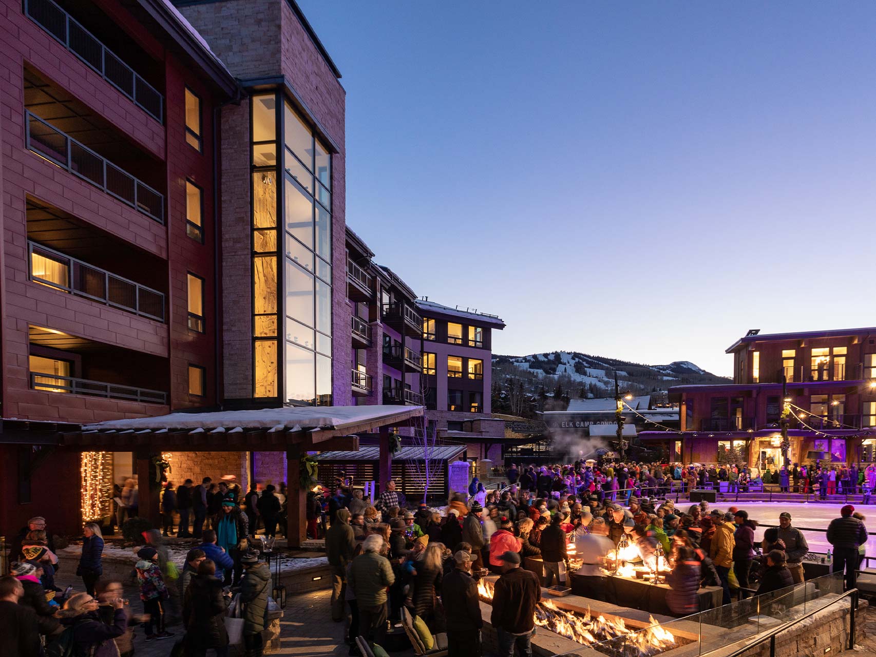 People gathering at Snowmass Base Village