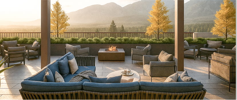 outdoor terrace with seating overlooking mountains