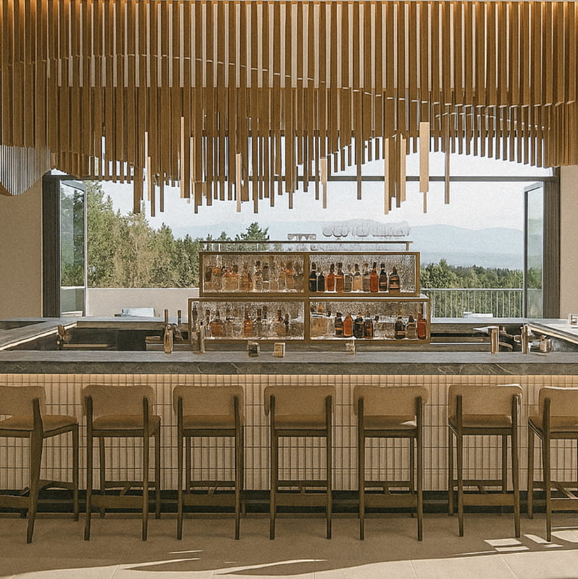 lounge bar overlooking sierra mountains