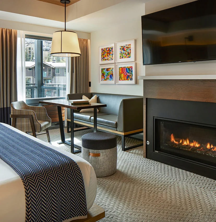 fireplace and seating area in guest room