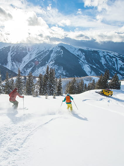 skiers skiing powder near snow cat
