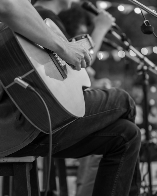 Black & White image of a guitar player at a music venue