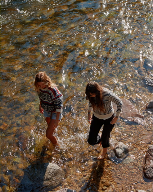 two friends by river in mountains