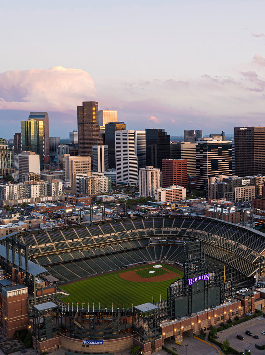 Aerial view of Coors Field and Downtown Denver