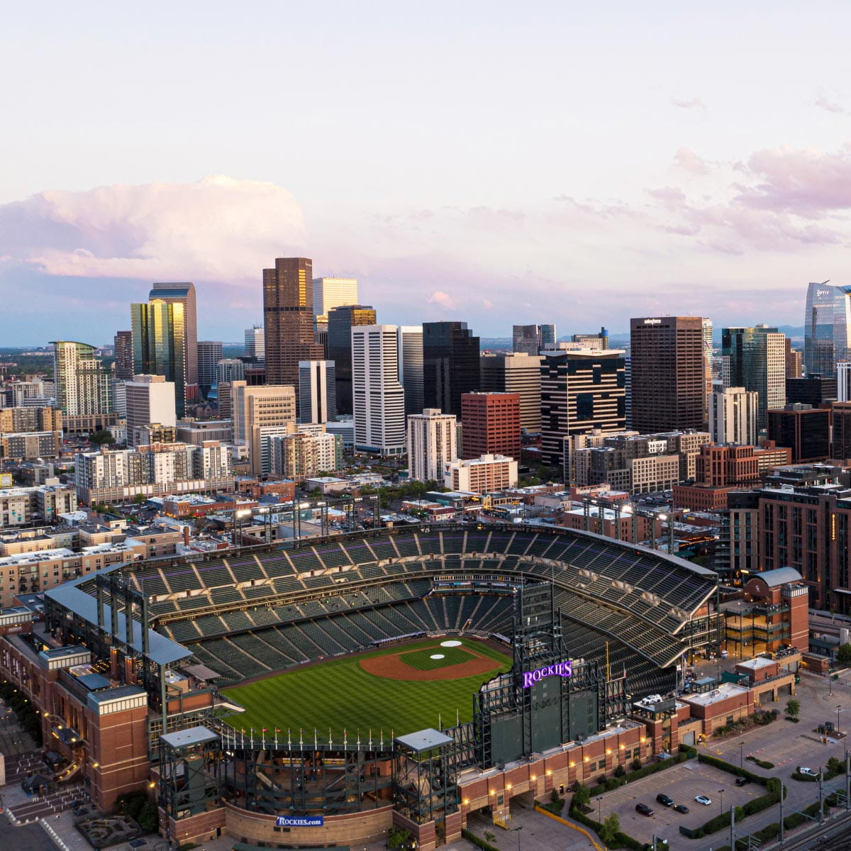Aerial view of coors field and downtown denver