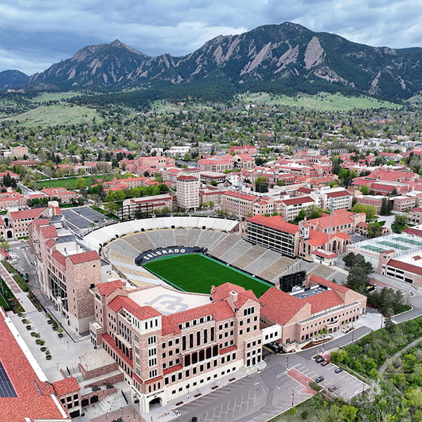 aerial view of CU campus and flatirons