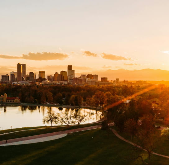 aerial view of denver at sunset in fall