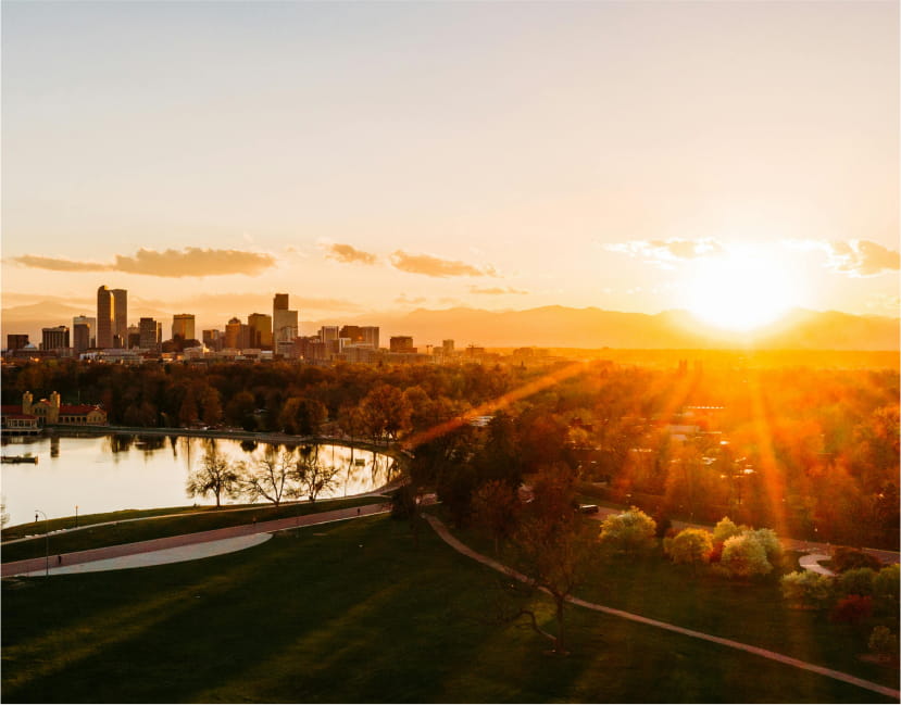 aerial view of denver at sunset in fall