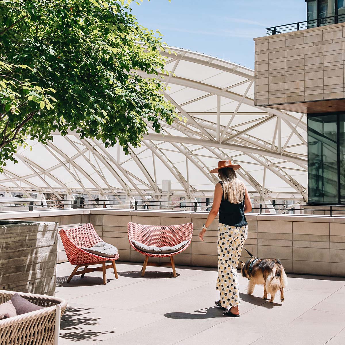 woman with dog on limelight denver terrace overlooking union station