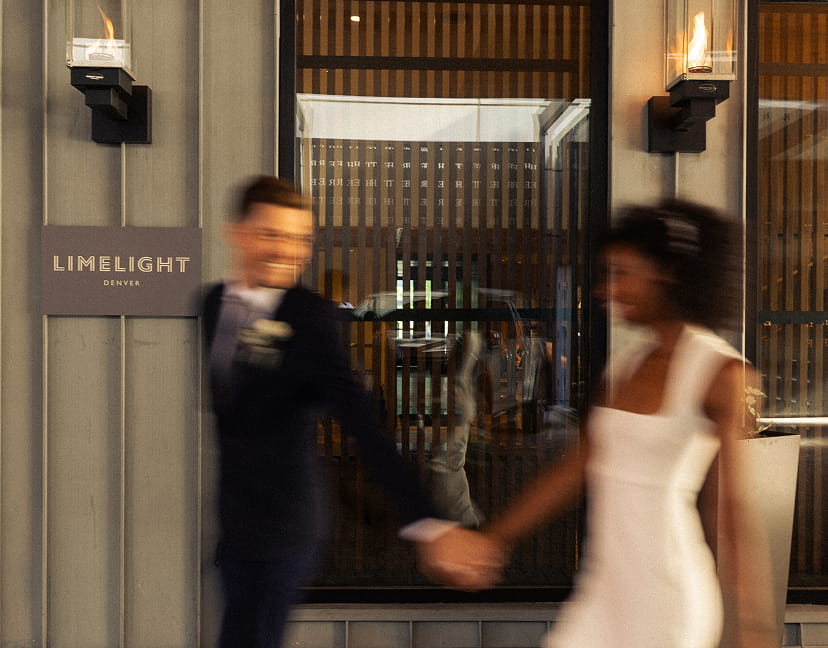 wedding couple at the front entrance of limelight