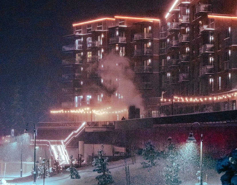 exterior of limelight mammoth during a snow storm