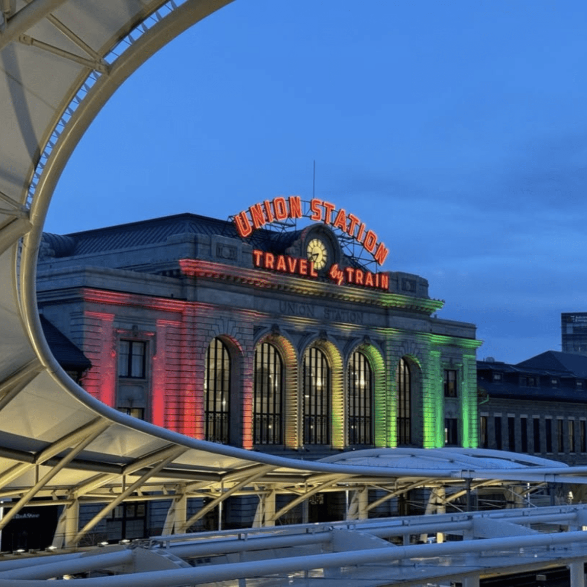 Union Station with rainbow lights in Denver at dusk
