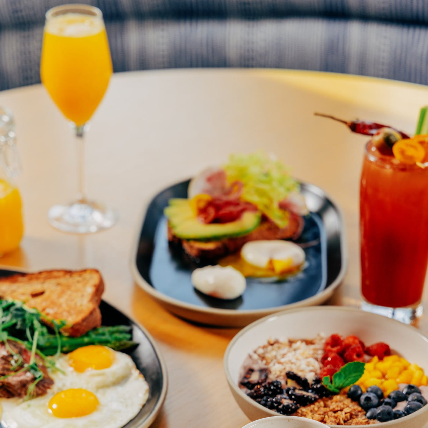 Brunch foods at a restaurant table