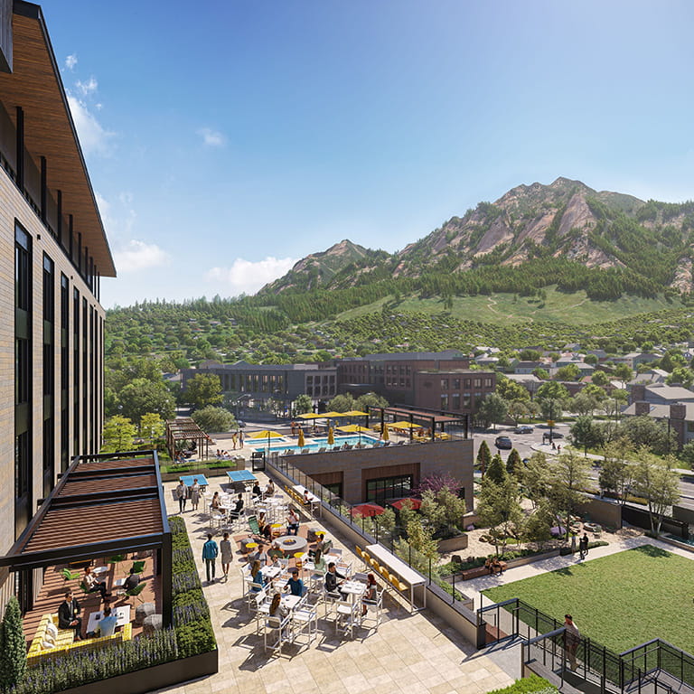 Exterior view of outdoor meeting space and flatirons