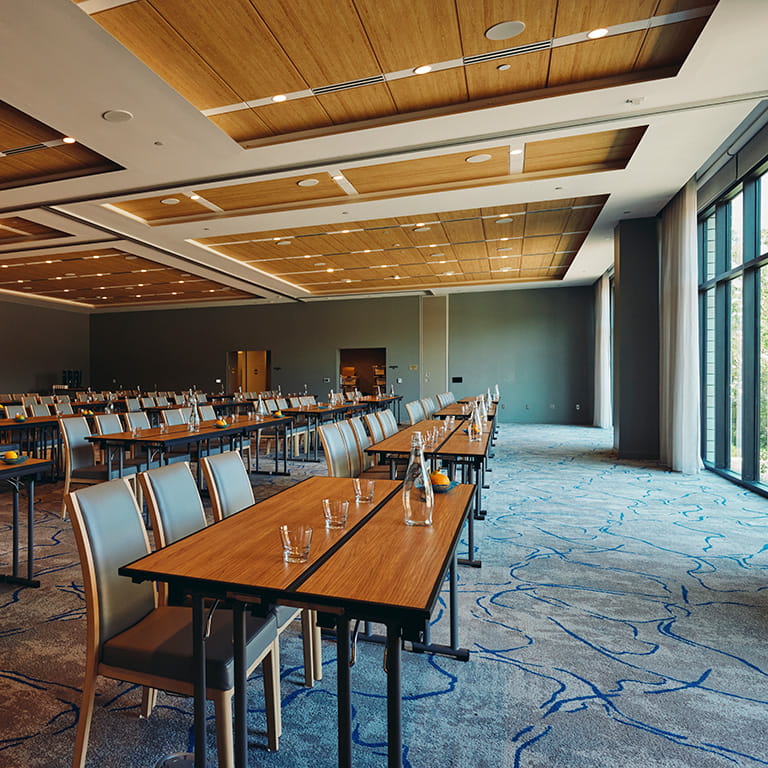 ballroom event space set up for large meeting