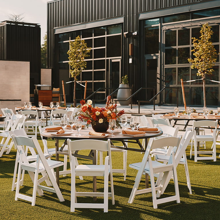 wedding tables outside on the hotel lawn