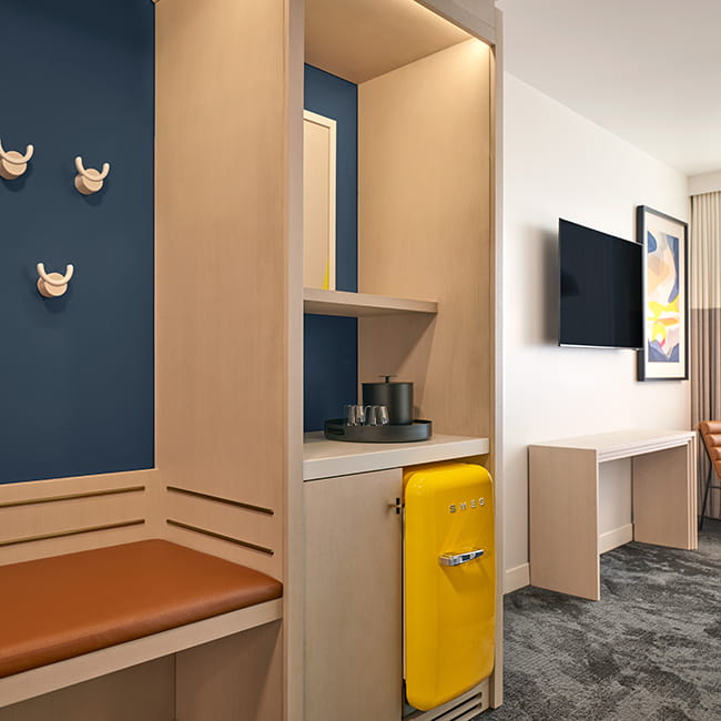 mini bar and storage area of guest room