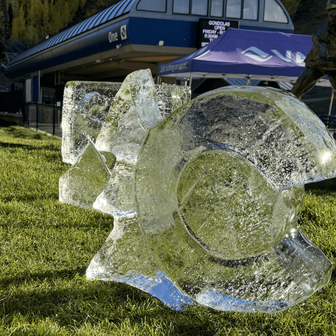 Ice sculptures on a green lawn 