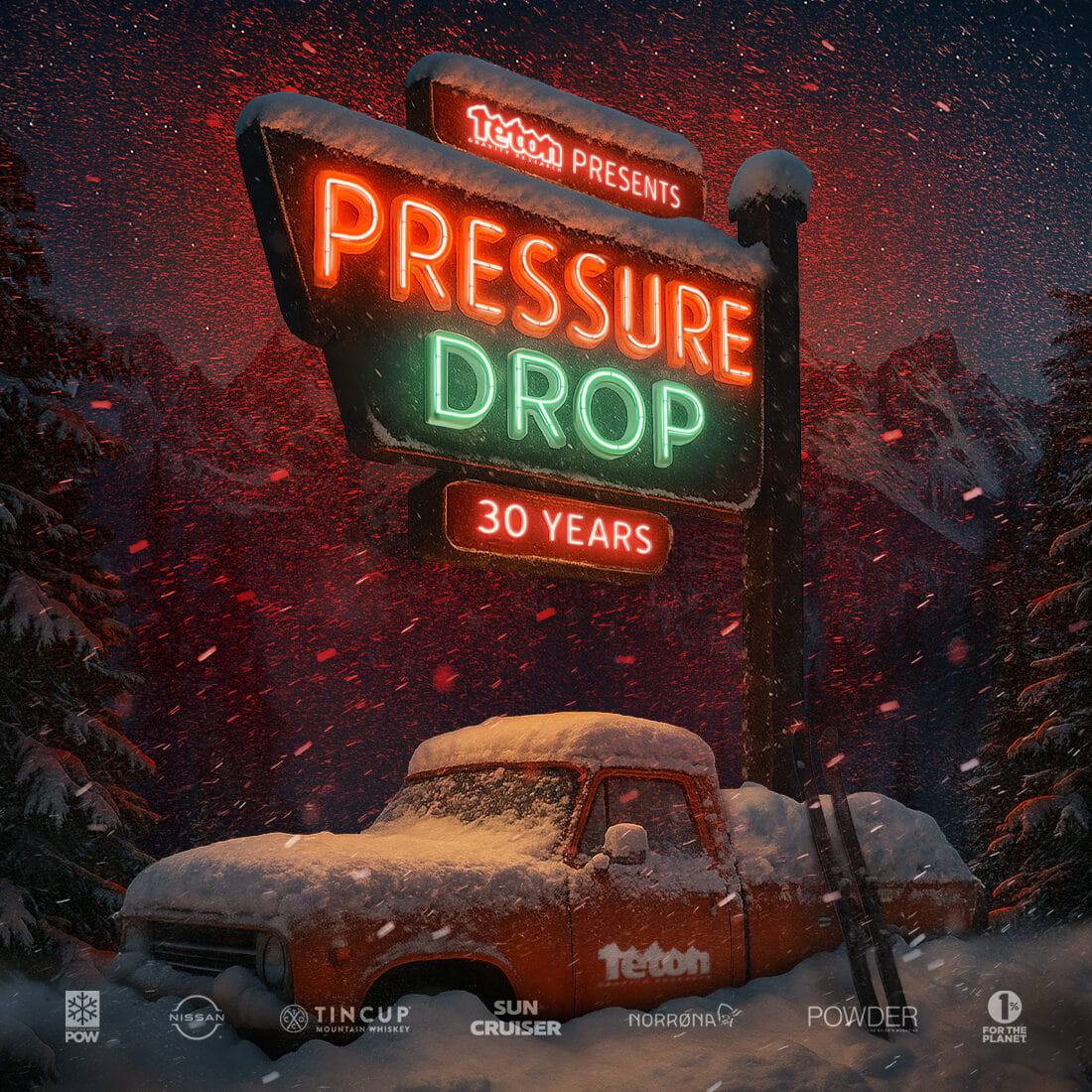 Neon sign saying 'Pressure Drop' above snowy scene