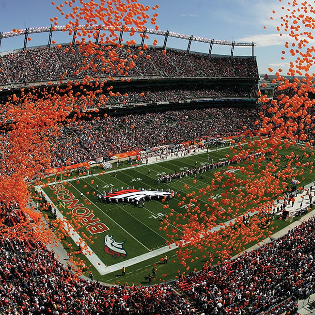aerial view of broncos game at empower field