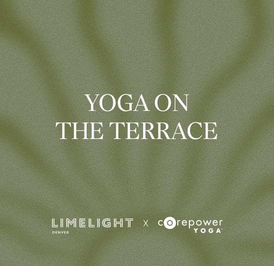 Green background with white text saying "YOGA ON THE TERRACE"